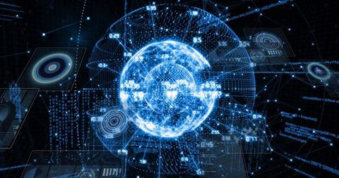 Futuristic digital globe with network interface and data overlays