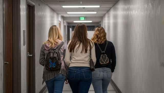 Three women walking down campus corridor toward exit sign wearing jeans and backpacks