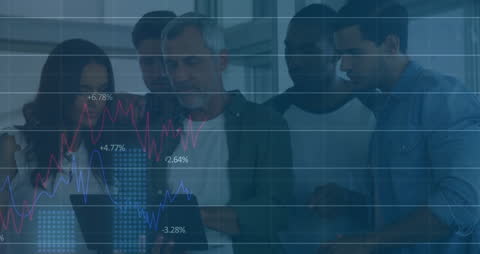 Diverse Team Analyzing Financial Data on Tablet in Office Setting