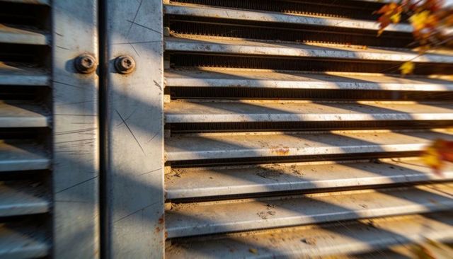 Weathered metal louvered vent casting rust and autumn leaf shadows