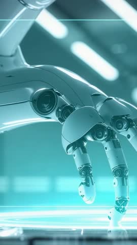 Robotic hand touching neon holographic interface creating ripple on hologram in futuristic lab