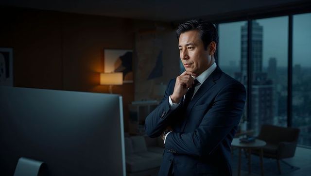 Asian Executive Contemplating Monitor in Highrise Office at Dusk for Corporate Strategy