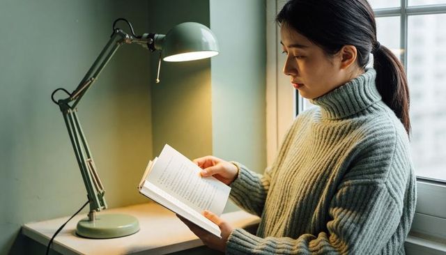 Woman reading by window in ribbed turtleneck under green desk lamp, cozy study nook