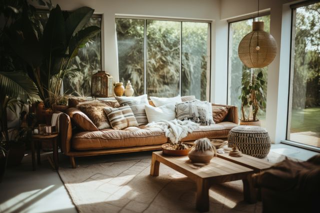 Living room interior with sofa, plants and decorations created using generative ai technology. Boho, furniture, style, design and interior decoration concept digitally generated image.