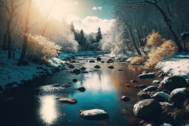 The image depicts a serene winter scene with a river flowing through snow-covered banks, framed by bare trees and sunlight filtering through branches. Ideal for use in nature magazines, travel brochures, and backgrounds for winter-themed presentations.