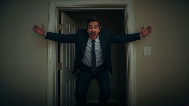 Energetic businessman shouting in home entryway with blue suit