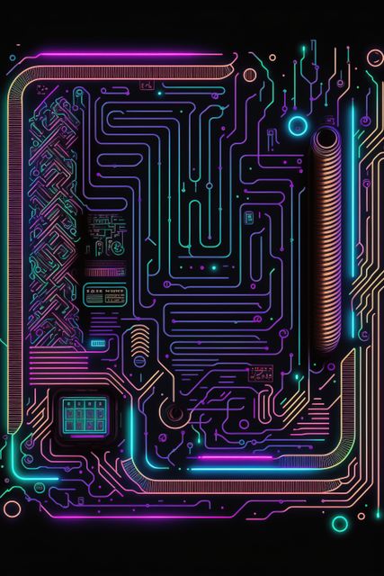 Abstract glowing neon circuit board design presents a futuristic and tech-centric visual theme. Perfect for use in technology-related publications, digital artwork, sci-fi themes, tech startup illustrations, product packaging for electronics, and backgrounds for tech presentations or websites.