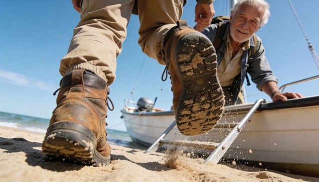 Stepping ashore in rugged leather boots kicking up sand beside small sailboat ladder
