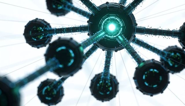Pulsing tech nexus emitting teal core light, sending particle streams along radial struts
