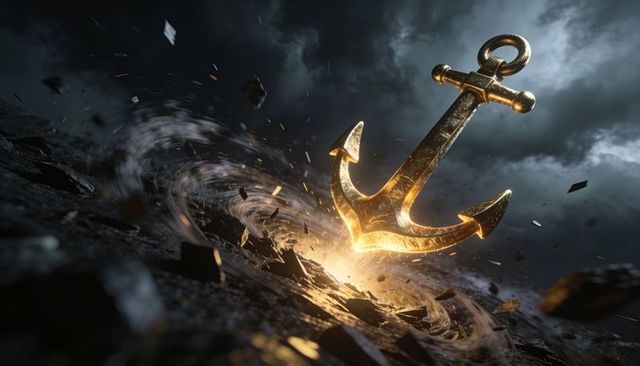 Ornate golden anchor plunging into fractured rock creating glowing vortex and epic sparks