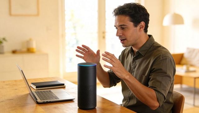 Man gesturing to smart speaker while working on laptop in cozy home office, voice control