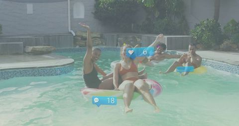 Group of Friends Enjoying Pool Party with Social Media Engagement