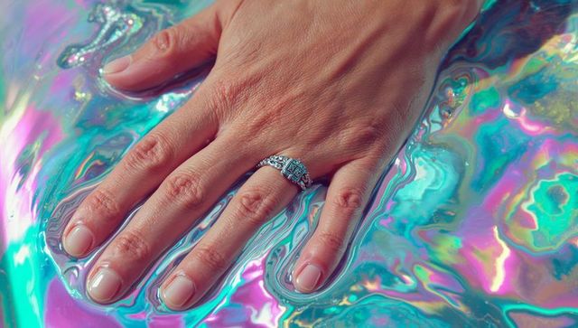 Elegantly Resting Hand Wearing Vintage Ornate Ring on Iridescent Marbled Surface