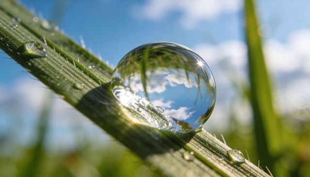 Macro dew droplet reflecting blue sky on grass blade with morning sunlight sparkle and bokeh
