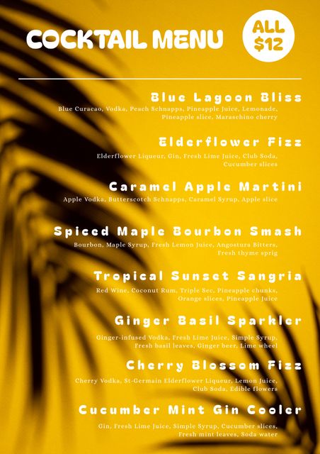 This vibrant cocktail menu is designed to attract customers with its lively backdrop and clearly listed drink specials, each priced at $12. It is ideal for use in bars, pubs, restaurants, and any venue offering a variety of cocktails. The use of color and clear font makes it easy to read, encouraging customers to explore different cocktail options.