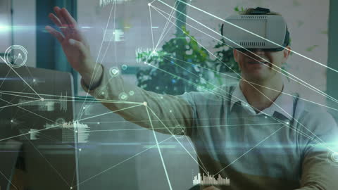 Man Experiencing Virtual Reality with Futuristic Network Overlay