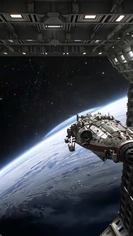 Orbital shuttle docking sequence vertical video showing craft aligning with station bay hatch