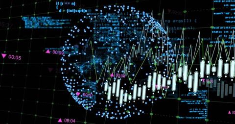 Rotating digital globe with candlestick charts and neon fintech analytics overlay