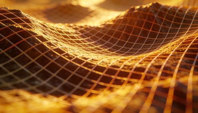 Golden wire grid draping over undulating mesh with warm glints and bokeh
