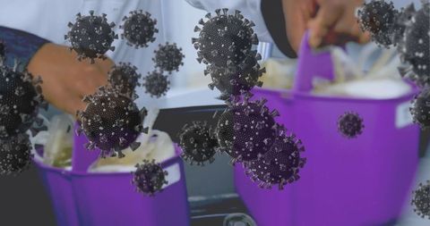 Hands cleaning with purple buckets and virus illustrations