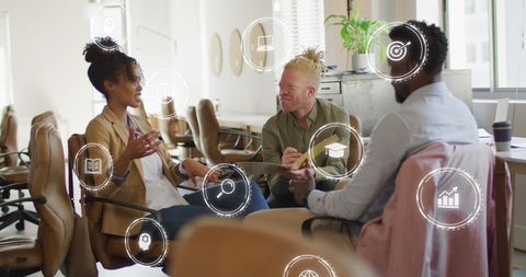 Diverse Team Collaborating with Digital Data Icons