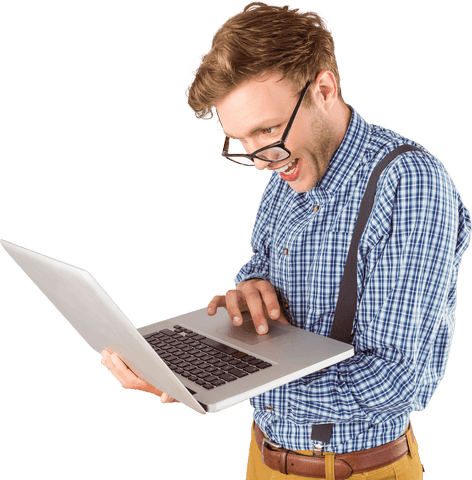 Transparent Geeky Businessman Using Laptop with Enthusiasm - Download Free Stock Videos Pikwizard.com