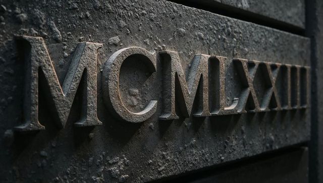 Weathered roman numerals mcmlxxiii on patinated metal panel casting dramatic shadows