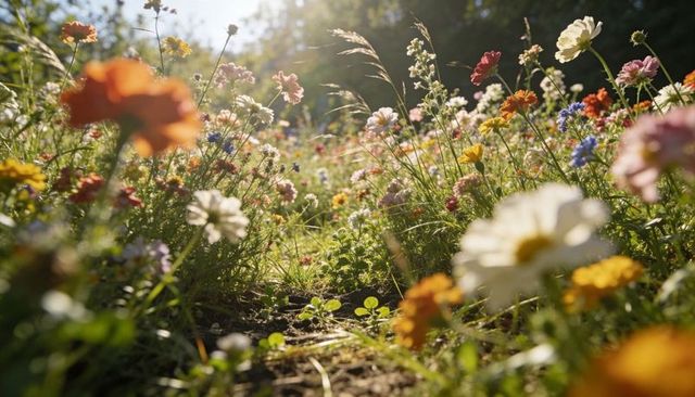 Sunlit wildflower trail leading eye along ground-level dirt path with golden backlight