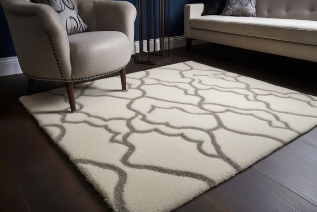 Modern beige area rug with abstract patterns lying on a dark wooden floor of a stylish living room. Chairs with fabric upholstery and a small table present an inviting and cozy atmosphere. Ideal for illustrating interior design concepts, home decor magazines, and advertising luxury home furnishing stores.