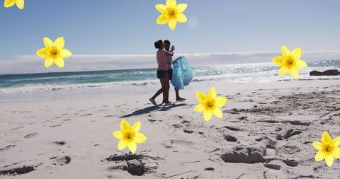 Eco volunteers collecting waste on sunny beach with daffodil decor
