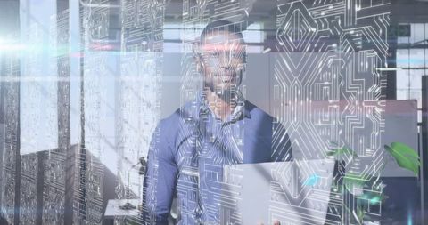 Tech Professional in Server Room with Digital Data Overlay - Download Free Stock Images Pikwizard.com
