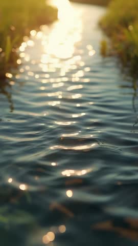 Golden Sun Glinting on Rippling Meadow Stream Vertical Video for Relaxation and Marketing
