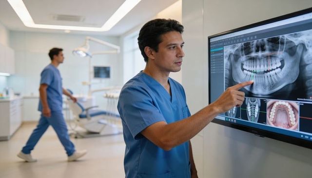 Dentist pointing and reviewing panoramic dental x-ray on wall monitor in modern clinic