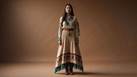Native american woman in bohemian outfit with turquoise accents in minimalist studio