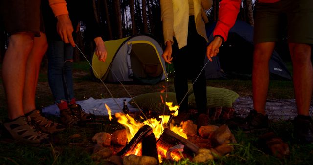 Group of friends roasting marshmallows around a campfire at night. Tents visible in background. Great for illustrating camping trips, outdoor activities, teamwork, and social gatherings.