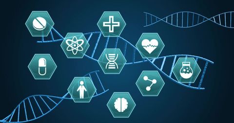 Medical Icons over DNA Strands on Blue Digital Interface