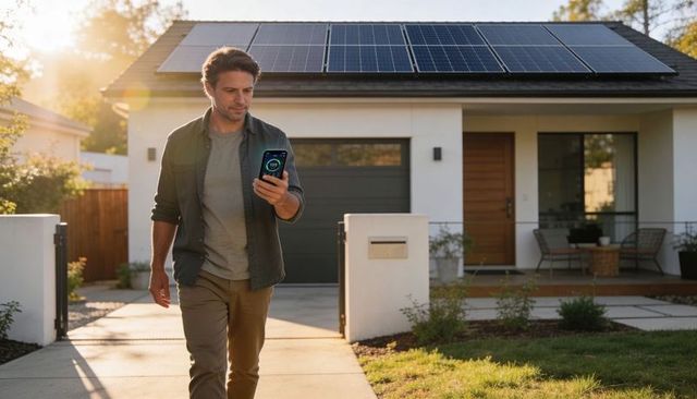 Man Checking Solar Home Energy App on Smartphone While Walking Past House with Rooftop Panels