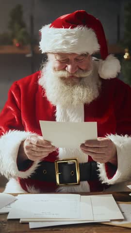 Santa Claus Reading Letter and Reaching for Envelope at Workshop Desk Vertical Holiday Video