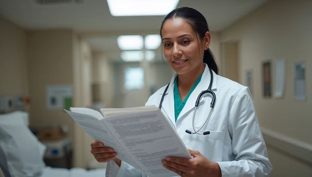 Female doctor reading medical chart in hospital corridor wearing stethoscope and teal scrubs