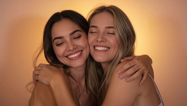 Two women embracing, smiling with eyes closed in warm golden studio light
