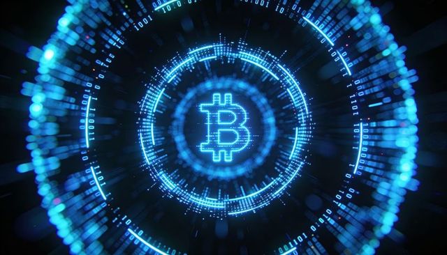 Neon-blue Bitcoin symbol pulsing in concentric digital rings with streaming binary data