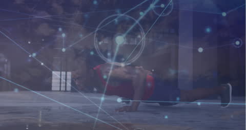 Athlete Doing Push-Ups with Digital Network Overlay