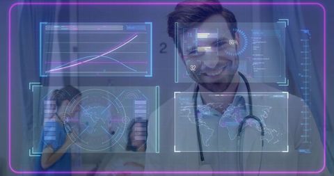 Telemedicine doctor presenting holographic dashboards and futuristic healthcare analytics