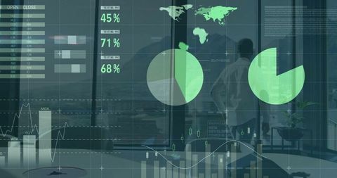 Businessman Analyzing Skyline from Office with Digital Financial Charts