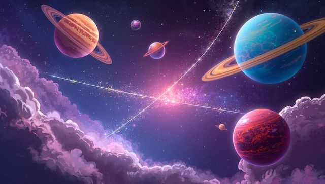 Vibrant Cosmic Landscape with Nebulous Clouds and Planets