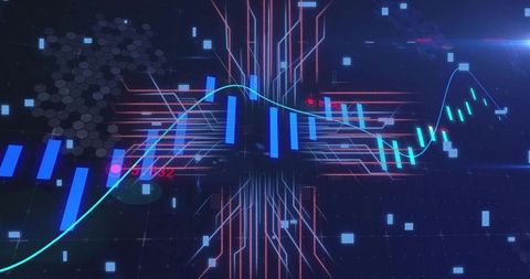 Futuristic financial candlestick chart with neon circuit grid and turquoise trend line