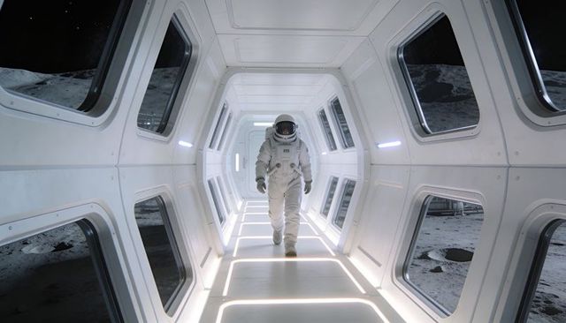 Astronaut walking down futuristic lunar corridor with hexagonal viewports and moon surface