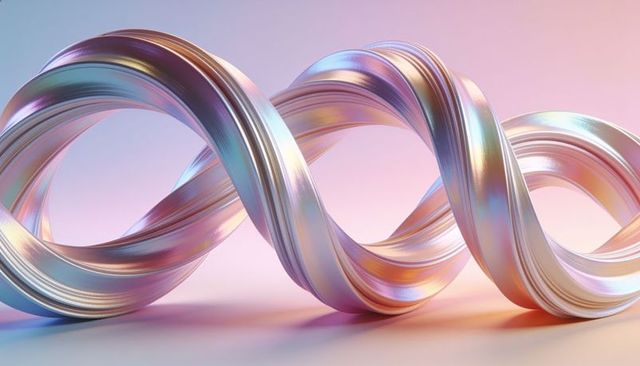 Iridescent metallic ribbon twisting infinity sculpture on pastel gradient surface lustrous
