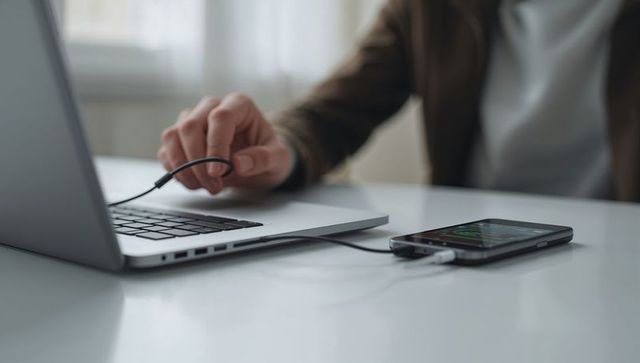 Connecting smartphone to laptop for charging and data transfer in modern workspace