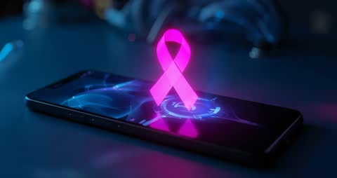 Holographic Pink Ribbon Rising from Smartphone in a Futuristic Technological Setting